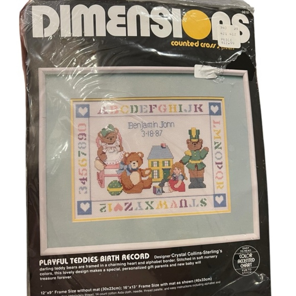 Dimensions Counted Cross Stitch Kit Teddies Birth‎ Record 3616 New SEALED 12x9